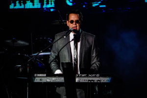 Paul Robb of new wave and synthpop group Information Society performing live at Mizner Park Amphitheater in Boca Raton, Florida as a part of the Legends of the Old School concert.